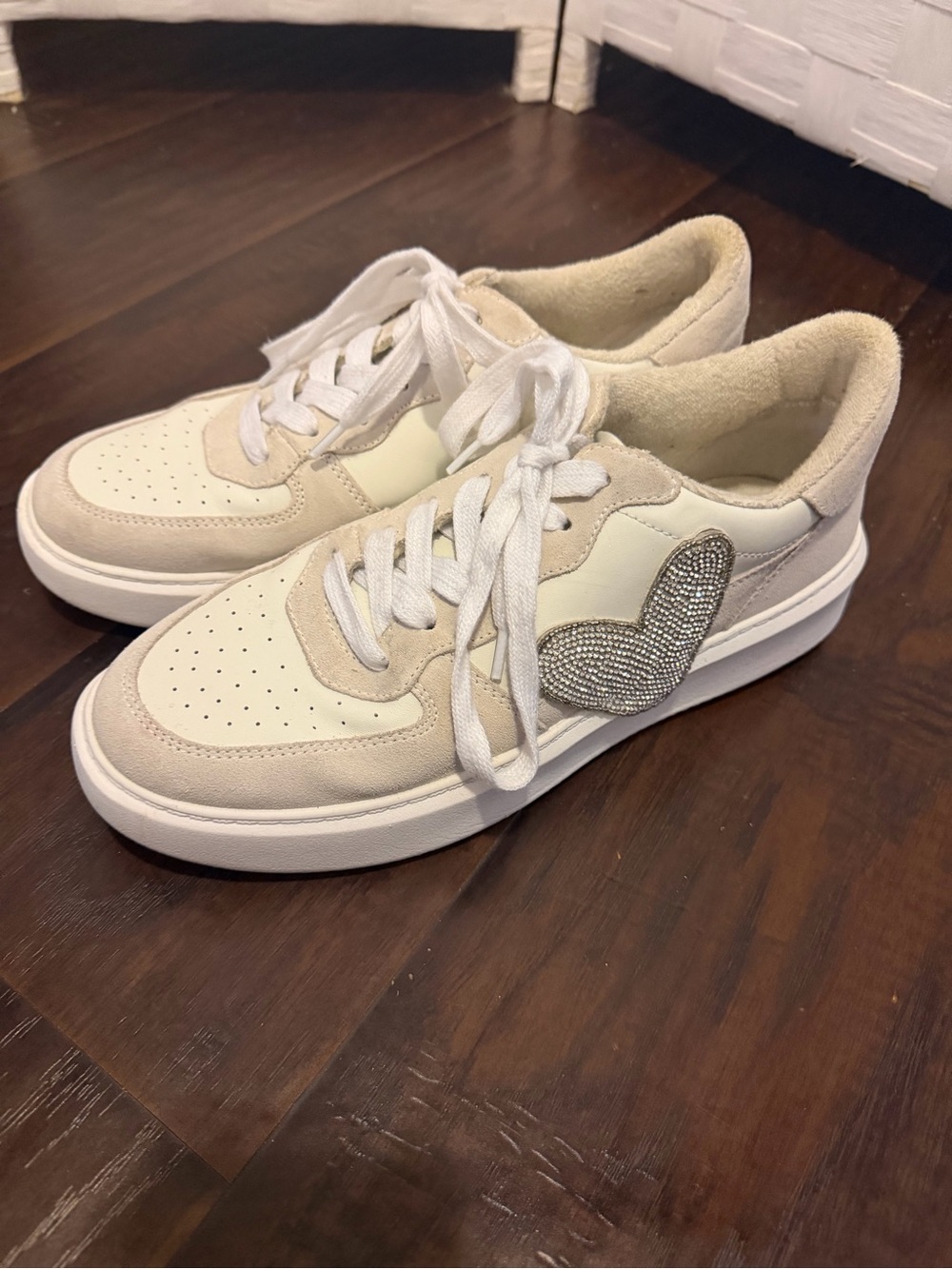 Women's Cream Suede & Leather Sneakers with Crystal Heart Accent